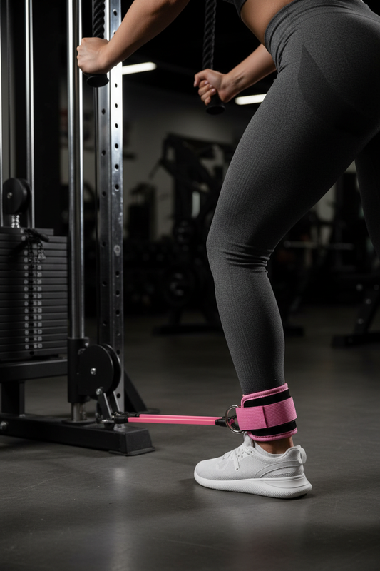 Ankle strap on person at cable machine